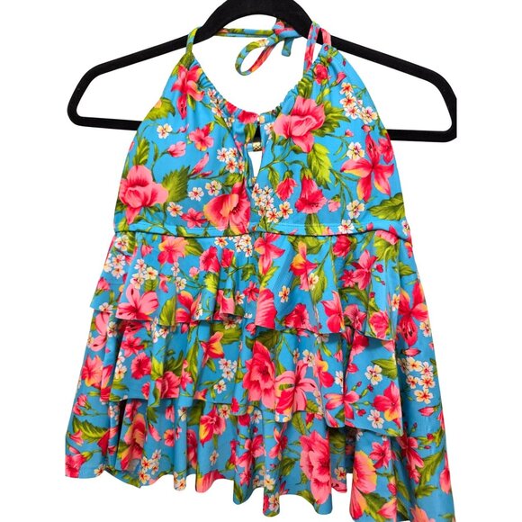 Catalina Halter Neck Floral Ruffle Bikini Top Size M 8-10 Blue/Multicolor Polyes - Picture 1 of 6